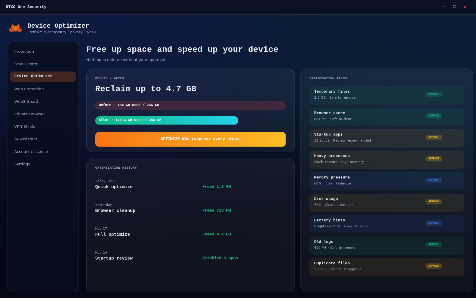 Device optimizer screen