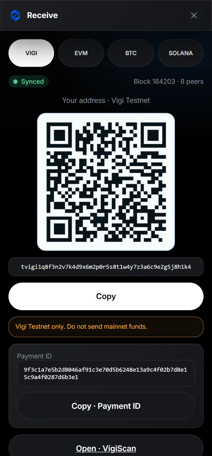 Eén adres per netwerk, met de syncstatus van de node — blokhoogte en peers — ernaast.