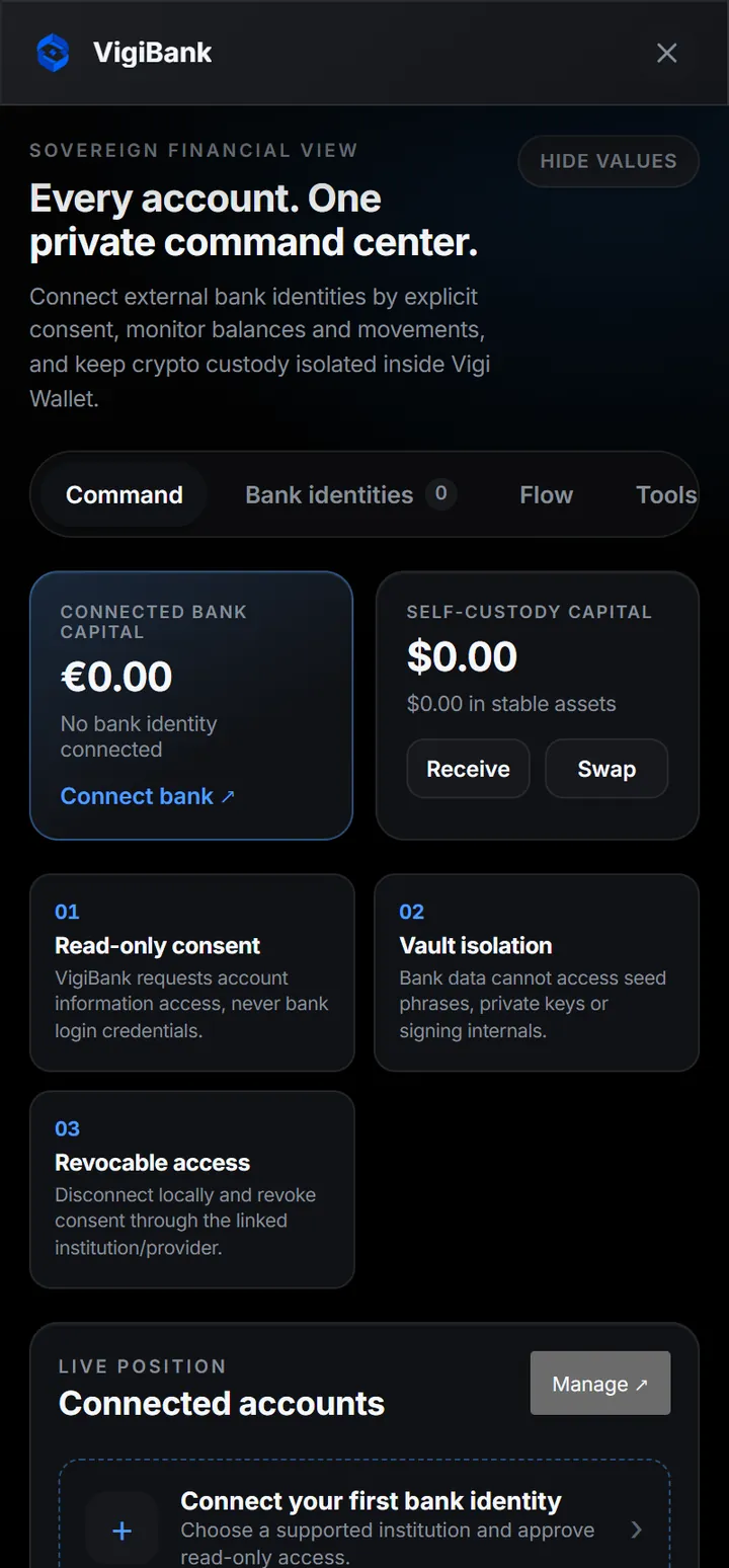 Een alleen-lezen weergave van externe rekeningen, verbonden met expliciete toestemming. Bankgegevens komen nooit in de wallet.
